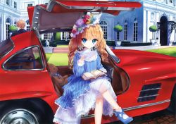 Rule 34 | 1boy, 1girl, absurdres, blonde hair, blue dress, blue eyes, blue footwear, blush, book, brown hair, car, closed mouth, crossed legs, dress, flower, fountain, gloves, grass, gullwing doors, hat, hedge, highres, hydrangea, left-hand drive, lolita fashion, long hair, looking at viewer, mansion, mercedes-benz, mercedes-benz 300 sl, motor vehicle, open book, original, outdoors, plant, potted plant, red flower, red rose, rose, shoes, sitting, smile, socks, statue, striped clothes, striped dress, stuffed animal, stuffed toy, suitcase, teddy bear, tree, tsukigami runa, twintails, white gloves, white legwear, window