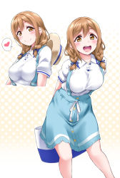 Rule 34 | 10s, 1girl, :d, alternate hairstyle, arms behind back, bag, blue skirt, blush, bow, braid, breasts, brown hair, collar, collared shirt, hair bow, halftone, halftone background, handbag, hat, heart, highres, kunikida hanamaru, large breasts, long hair, love live!, love live! sunshine!!, multiple views, open mouth, polka dot, polka dot background, shirt, short sleeves, skirt, smile, solo, speech bubble, suspender skirt, suspenders, teeth, twin braids, upper body, upper teeth only, white collar, yellow eyes, yopparai oni