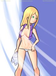 Rule 34 | 1girl, blonde hair, blue background, breasts, collarbone, digimon, digimon frontier, drantyno, green eyes, highres, holding, light rays, long hair, looking to the side, medium breasts, navel, orimoto izumi, panties, purple vest, shirt, smile, standing, striped clothes, striped shirt, sunbeam, sunlight, underwear, unworn shirt, vest, white panties, white shirt