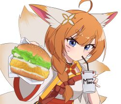 Rule 34 | 1girl, absurdres, ahoge, animal ears, blue eyes, blush, braid, cup, disposable cup, drinking straw, facial mark, food, fox ears, fox girl, fox tail, guardian tales, hair ornament, hair over shoulder, highres, holding, holding cup, holding food, japanese clothes, keyki, long sleeves, looking at viewer, multiple tails, nari (guardian tales), orange hair, sandwich, solo, tail, thick eyebrows, whisker markings