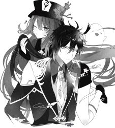 Rule 34 | 1boy, 1girl, cacao (chocotto), closed mouth, coat, commentary request, earrings, flower, flower-shaped pupils, genshin impact, ghost, greyscale, hair between eyes, hat, hat flower, highres, hu tao (genshin impact), jewelry, kneehighs, long hair, long sleeves, looking at viewer, monochrome, multiple rings, musical note, nail polish, necktie, one eye closed, ponytail, ring, shorts, signature, simple background, single earring, socks, sweat, symbol-shaped pupils, tassel, tassel earrings, twintails, very long hair, zhongli (genshin impact)