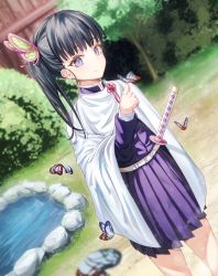 Rule 34 | 1girl, absurdres, belt, black hair, black skirt, bug, butterfly, butterfly hair ornament, cape, commentary request, hair ornament, highres, ildy, insect, japanese clothes, kimetsu no yaiba, long hair, long sleeves, looking at viewer, outdoors, purple eyes, side ponytail, skirt, smile, solo, sword, tsuyuri kanao, uniform, water, weapon, white cape