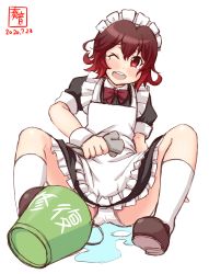 Rule 34 | 1girl, alternate costume, apron, artist logo, black dress, brown footwear, brown hair, bucket, commentary request, dated, dress, enmaided, frilled apron, frills, gradient hair, highres, kanon (kurogane knights), kantai collection, kneehighs, loafers, maid, maid headdress, multicolored hair, mutsuki (kancolle), one eye closed, panties, pantyshot, purple neckwear, red eyes, red hair, repair bucket, shoes, short hair, short shorts, shorts, simple background, socks, solo, spill, spread legs, tears, underwear, water, white apron, white background, white socks, white panties