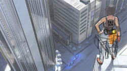 Rule 34 | 1girl, black hair, building, cityscape, derivative work, elbow pads, faith connors, gloves, hand on own hip, highres, looking down, mirror&#039;s edge, parody, shingeki no kyojin, shoes, short hair, single glove, sketch, skyscraper, sneakers, solo, takeda iori, tank top, tattoo, three-dimensional maneuver gear, unfinished