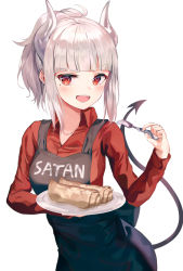 Rule 34 | 1girl, apron, black apron, blush, breasts, character name, collarbone, commentary, demon girl, demon horns, demon tail, fang, food, fork, grey hair, helltaker, highres, holding, holding fork, holding plate, horns, long hair, long sleeves, looking at viewer, lucifer (helltaker), medium breasts, mole, mole under eye, open mouth, pancake, plate, pray (furei), red eyes, red shirt, resolution mismatch, shirt, simple background, smile, solo, source smaller, tail, white background, white hair, white horns