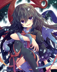 Rule 34 | 1girl, alternate hairstyle, arm support, asymmetrical wings, black hair, blue eyes, bow, cuffs, dress, female focus, houjuu nue, long hair, niichi (komorebi-palette), open mouth, ribbon, sitting, smile, snake, solo, thighhighs, touhou, wings