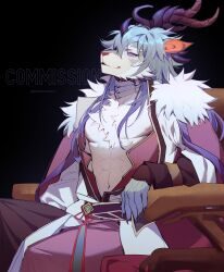 Rule 34 | 1boy, abs, animal ears, bare pectorals, black background, blue eyes, blue hair, claws, commentary, commission, dragon boy, dragon ears, dragon horns, english commentary, furry, furry male, highres, horns, juan yun (sdorica), looking at viewer, male focus, mmorroxzks, on chair, pectorals, sdorica, sitting, smile, twitter username
