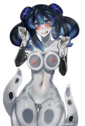 Rule 34 | 1girl, against glass, blue eyes, blush, bodypaint, breast press, breasts on glass, colored skin, commission, commissioner upload, completely nude, condylonucla, embarrassed, grey skin, highres, monster girl, nude, original, phyluma (teuthidan), pussy, scylla, solo, tentacle hair, tentacles, uncensored