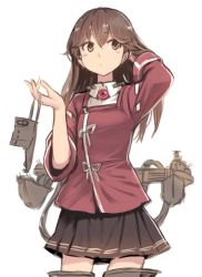 Rule 34 | 1girl, alternate hairstyle, black skirt, blush, breasts, brown eyes, brown hair, closed mouth, commentary, cowboy shot, hair down, hand in own hair, hat, unworn hat, unworn headwear, holding, holding clothes, holding hat, jacket, japanese clothes, kantai collection, kariginu, long hair, long sleeves, magatama, pleated skirt, red jacket, rigging, ryuujou (kancolle), shirt, skirt, small breasts, solo, terrajin, visor cap, white background, white shirt