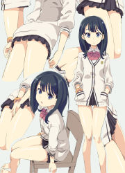 Rule 34 | 10s, 1girl, arms at sides, ass, bare legs, barefoot, black hair, black skirt, blue eyes, bow, bowtie, breasts, cardigan, chair, collared shirt, commentary request, cropped legs, grey background, gridman universe, hands in pockets, homing (areya), long hair, long sleeves, miniskirt, multiple views, on chair, pleated skirt, red bow, red neckwear, school uniform, scrunchie, shirt, simple background, sitting, skirt, ssss.gridman, takarada rikka, thighs, white cardigan, white shirt, wrist scrunchie