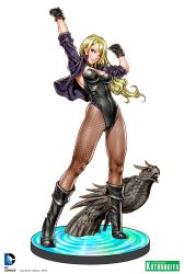 Rule 34 | 1girl, ;), animification, aqua eyes, arms up, bird, black canary, black gloves, blonde hair, blue eyes, boots, breasts, cleavage, copyright name, cropped jacket, dc comics, female focus, figure, fishnet pantyhose, fishnets, floating hair, full body, gargoyle, gloves, head tilt, high heel boots, high heels, highleg, highleg leotard, jacket, justice league, knee boots, kotobukiya, leather, leather jacket, leotard, light smile, lipstick, long hair, looking at viewer, makeup, official art, one eye closed, open clothes, open jacket, pantyhose, pink lips, playboy bunny, simple background, sleeves rolled up, smile, solo, standing, statue, superhero costume, swept bangs, unzipped, wavy hair, white background, wink, yamashita shun&#039;ya