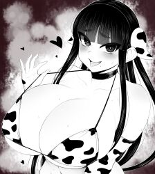 Rule 34 | 1girl, absurdres, animal ears, bikini, bikini pull, bikini top pull, blunt bangs, breasts, cleavage, clothes pull, collarbone, commentary request, cow ears, curvy, elbow gloves, gloves, greyscale, haseru (ginku mh), heart, heart-shaped pupils, highres, huge breasts, long hair, mole, mole on breast, mole under eye, monochrome, navel, open mouth, original, pulled by self, sidelocks, swimsuit, symbol-shaped pupils, tongue, tongue out, upper body