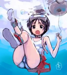 Rule 34 | 10s, 1girl, ass, black hair, blush, diving mask, diving mask on head, goggles, goggles on head, kantai collection, kawakami rokkaku, looking at viewer, maru-yu (kancolle), one-piece swimsuit, open mouth, personification, school swimsuit, short hair, sketch, solo, swimsuit, tears, underwater, white school swimsuit, white one-piece swimsuit