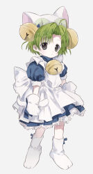 Rule 34 | 1girl, ahoge, animal hat, apron, bell, black eyes, blue bow, blue dress, bow, bow legwear, cat hat, closed mouth, dejiko, di gi charat, dress, expressionless, frilled apron, frills, gloves, green hair, grey background, hano luno, hat, highres, jingle bell, lace, lace-trimmed dress, lace trim, looking at viewer, maid apron, mittens, neck bell, parted bangs, paw shoes, puffy short sleeves, puffy sleeves, short hair, short sleeves, simple background, slit pupils, socks, solo, standing, white apron, white gloves, white mittens, white socks