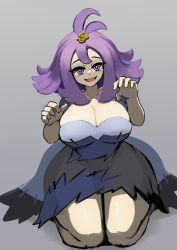 Rule 34 | 1girl, acerola (pokemon), alternate breast size, blue dress, breasts, creatures (company), dress, flipped hair, game freak, gipehtyboo, grey dress, grey eyes, hair ornament, hairclip, highres, large breasts, medium hair, multicolored clothes, multicolored dress, nintendo, pokemon, pokemon sm, purple hair, short sleeves, solo, stitches, thighs, topknot, torn clothes, torn dress