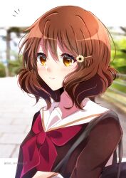 Rule 34 | 1girl, bag, black bag, blurry, blurry background, blush, brown eyes, brown hair, brown shirt, closed mouth, commentary request, hibike! euphonium, highres, kitauji high school uniform, long sleeves, looking at viewer, neckerchief, notice lines, oumae kumiko, red neckerchief, sae (renkyuuake), sailor collar, school bag, school uniform, serafuku, shirt, short hair, solo, twitter username, uniform, upper body, white sailor collar, yellow eyes