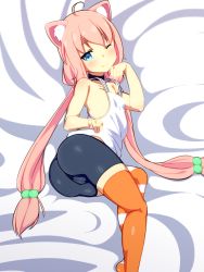 Rule 34 | 1girl, ;), ahoge, animal ear fluff, animal ears, asymmetrical legwear, bare arms, bare shoulders, bed sheet, bike shorts, black shorts, blue eyes, blush, cameltoe, cat ears, cleft of venus, closed mouth, commentary request, fang, fang out, feet out of frame, hair bobbles, hair ornament, head tilt, highres, hinata channel, joutarou, long hair, looking at viewer, looking to the side, low twintails, lying, mismatched legwear, nekomiya hinata, no shoes, on side, one eye closed, orange thighhighs, pink hair, shirt, short shorts, shorts, smile, solo, striped clothes, striped thighhighs, tank top, thighhighs, twintails, very long hair, virtual youtuber, white shirt