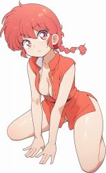 braid braided_ponytail breasts chinese_clothes cleavage commentary_request highres kneeling long_hair medium_breasts odochi_(1or8) open_clothes ranma-chan ranma_1/2 red_eyes red_hair red_shirt shirt simple_background tangzhuang white_background