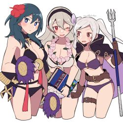 Rule 34 | 3girls, alternate costume, belt, belt buckle, bikini, black bikini, blue eyes, blue hair, blush, book, breasts, brown eyes, brown gloves, buckle, byleth (female) (fire emblem), byleth (female) (summer) (fire emblem), byleth (fire emblem), cape, cleavage, collarbone, corrin (female) (fire emblem), corrin (female) (summer) (fire emblem), corrin (fire emblem), do m kaeru, female focus, fire emblem, fire emblem: three houses, fire emblem awakening, fire emblem fates, fire emblem heroes, flower, flower necklace, gloves, grey hair, hair between eyes, hair flower, hair ornament, hairband, hibiscus, holding, holding book, holding weapon, jewelry, knife, large breasts, long hair, looking at another, looking at viewer, medium breasts, multiple girls, navel, necklace, nintendo, o-ring, o-ring bikini, o-ring top, official alternate costume, one eye closed, open mouth, pink flower, pointy ears, polearm, purple bikini, purple cape, red eyes, red flower, robin (female) (fire emblem), robin (female) (summer) (fire emblem), robin (fire emblem), serious, sheath, sheathed, sidelocks, simple background, smile, sweatdrop, swimsuit, trait connection, trident, twintails, twitter username, underboob, weapon, white background, white bikini, white hair, wink