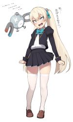 Rule 34 | 1girl, accio, aqua bow, aqua bowtie, aqua ribbon, arms at sides, bad id, bad pixiv id, black jacket, black skirt, blush, bow, bowtie, brown footwear, clenched hands, collared shirt, commentary request, creatures (company), crossed bandaids, full body, game freak, gen 1 pokemon, green eyes, hair ornament, hair ribbon, injury, jacket, juliet sleeves, loafers, long hair, long sleeves, looking at viewer, magne (accio), magnemite, magnet, miniskirt, morse code, nintendo, open clothes, open jacket, open mouth, original, pigeon-toed, platinum blonde hair, pleated skirt, pokemon, pokemon (creature), puffy sleeves, ribbon, sanpaku, school uniform, screw, screw hair ornament, sharp teeth, shirt, shirt tucked in, shoes, simple background, skindentation, skirt, slit pupils, solo focus, standing, tearing up, tears, teeth, thighhighs, tsurime, twintails, v-shaped eyebrows, very long hair, white background, white shirt, white thighhighs, wing collar, zettai ryouiki