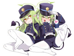 Rule 34 | 2girls, amagaeru (hylathewet), armband, black shorts, black skirt, blue archive, blue armband, blush, buttons, clenched teeth, commentary request, demon tail, disgust, double-breasted, fang, full body, gloves, green hair, green halo, halo, hat, heart, hikari (blue archive), nozomi (blue archive), highres, leg up, long hair, looking at viewer, mesugaki, multiple girls, no shoes, open mouth, orange eyes, pantyhose, pointy ears, puff of air, salute, shaded face, shako cap, short shorts, shorts, side-by-side, simple background, sitting, skirt, smile, soles, spoken heart, spread legs, sweat, sweatdrop, tail, teeth, textless version, thick eyebrows, tongue, tongue out, tsurime, twintails, v-shaped eyebrows, variant set, white background, white gloves, white pantyhose