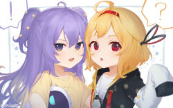 Rule 34 | !, 2girls, ?, aged down, ahoge, blonde hair, child, ckia (kaela kovalskia), commentary, hair ornament, hairband, highres, hololive, hololive indonesia, kaela kovalskia, long hair, looking at viewer, moona hoshinova, multiple girls, open mouth, purple eyes, purple hair, red eyes, red hairband, shirt, short hair, sleeves past fingers, sleeves past wrists, spoken exclamation mark, spoken question mark, star (symbol), star hair ornament, t-shirt, twitter username, two side up, upper body, v-shaped eyebrows, virtual youtuber, yellow shirt, zinkaa