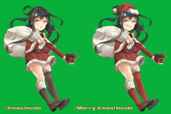 Rule 34 | 1girl, :d, alternate color, asymmetrical legwear, bad id, bad pixiv id, belt, belt buckle, black belt, black hair, black socks, brown footwear, buckle, capelet, carrying over shoulder, character request, christmas, commentary request, dress, eye color request, fake facial hair, fake mustache, full body, fur-trimmed capelet, fur-trimmed dress, fur-trimmed headwear, fur-trimmed legwear, fur trim, green background, hat, high belt, holding, holding sack, juurouta, kantai collection, kneehighs, loafers, long hair, long sleeves, looking at viewer, merry christmas, multiple views, open mouth, outstretched arm, outstretched legs, pom pom (clothes), raised eyebrows, red capelet, red dress, red hat, red socks, sack, santa costume, santa dress, santa hat, shoes, short dress, simple background, single kneehigh, single sock, single thighhigh, smile, socks, thighhighs, uneven legwear, variations