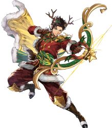 Rule 34 | 1boy, aiming, animal costume, animal ears, antlers, attack, bow (weapon), bow and arrow hold, braid, brown hair, cape, claude von riegan, claude von riegan(yuletide schemer), dark-skinned male, dark skin, deer ears, earrings, fire emblem, fire emblem: three houses, fire emblem heroes, gold cape, green cape, green eyes, highres, holding, holding bow (weapon), holding weapon, horns, jewelry, multicolored cape, multicolored clothes, nijihayashi, nintendo, non-web source, official alternate costume, official art, reindeer antlers, reindeer costume, single braid, smile, solo, weapon
