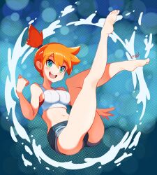 Rule 34 | 1girl, :d, ass, barefoot, breasts, commentary, creatures (company), denim, denim shorts, feet, full body, game freak, green eyes, highres, long bangs, looking at viewer, medium breasts, misty (pokemon), navel, nintendo, open mouth, orange hair, pokemon, pokemon lgpe, short hair, shorts, side ponytail, smile, soles, solo, thighs, tiger1001, toes