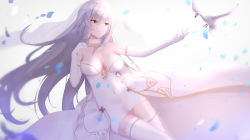 Rule 34 | 1girl, alternate costume, armpit crease, azur lane, bare shoulders, bird, breasts, choker, cleavage, closed mouth, collarbone, dress, elbow gloves, eternity (pixiv8012826), eyes visible through hair, floating hair, gloves, grey hair, hair between eyes, highres, lace, lace-trimmed choker, lace-trimmed gloves, lace-trimmed legwear, lace trim, large breasts, long hair, looking away, mole, mole under eye, outstretched hand, petals, red eyes, saint-louis (azur lane), skirt, solo, strapless, strapless dress, thighhighs, very long hair, white thighhighs, wind, wind lift