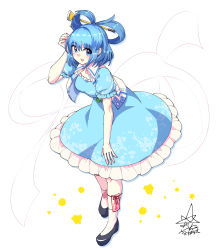 Rule 34 | 1girl, :d, black footwear, blue dress, blue eyes, blue hair, blush, breasts, commentary request, dress, frills, full body, hagoromo, hair between eyes, hair ornament, hair rings, hair stick, hand up, highres, kaku seiga, leaning forward, leg ribbon, looking at viewer, medium breasts, ofuda, open clothes, open mouth, open vest, petticoat, puffy short sleeves, puffy sleeves, red ribbon, ribbon, shawl, short hair, short sleeves, signature, simple background, smile, solo, standing, touhou, umigarasu (kitsune1963), vest, white background, white vest