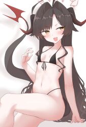 Rule 34 | 1girl, absurdres, ahoge, alternate costume, arcaeder 17, bikini, black bikini, black horns, black tail, blue archive, blush, breasts, brown hair, demon horns, demon tail, front-tie bikini top, front-tie top, hair intakes, halo, highres, horns, kasumi (blue archive), long hair, looking at viewer, navel, open mouth, red halo, small breasts, solo, stomach, swimsuit, tail