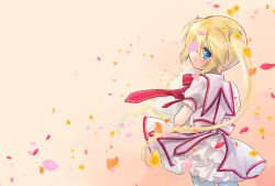 Rule 34 | 1girl, blonde hair, blue eyes, blush, bouquet, closed mouth, commentary request, cowboy shot, dress, falling petals, floating clothes, floating hair, flower, frilled dress, frills, from behind, hair between eyes, happy, head tilt, highres, holding, holding bouquet, kazamatsuri institute high school uniform, long hair, looking at viewer, looking back, may salamanya, nakatsu shizuru, neck ribbon, pantyhose, petals, petticoat, pink background, pink flower, puffy short sleeves, puffy sleeves, red ribbon, rewrite, ribbon, school uniform, short sleeves, simple background, smile, solo, summer uniform, twintails, very long hair, white dress, white flower, white pantyhose, wind
