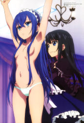 Rule 34 | 10s, 2girls, absurdres, armpits, arms up, astarte (strike the blood), black hair, blue eyes, blue hair, breasts, censored, convenient censoring, covering privates, covering breasts, dress, dressing, gothic lolita, green panties, hair censor, hairband, headdress, highres, lolita fashion, lolita hairband, long hair, megami magazine, minamiya natsuki, multiple girls, navel, non-web source, official art, panties, panties only, small breasts, strike the blood, takimoto shouko, topless, underwear, underwear only, very long hair, white panties