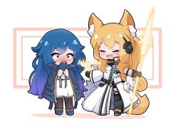 Rule 34 | 2girls, :d, alya (panalee), animal ear fluff, animal ears, arknights, black gloves, black jacket, black legwear, blonde hair, blue footwear, blue hair, blush, chibi, closed eyes, commentary, covering own mouth, dress, english commentary, english text, gloves, glowing, glowing weapon, hands up, holding, holding polearm, holding weapon, horse ears, horse girl, horse tail, jacket, kurotofu, long sleeves, multiple girls, nearl (arknights), nose blush, open clothes, open jacket, open mouth, original, pink background, polearm, ponytail, purple eyes, shoes, single sleeve, smile, spear, tail, thighhighs, two-tone background, weapon, white background, white dress, white jacket, wide-eyed