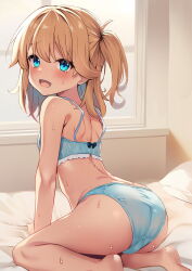 Rule 34 | 1girl, ass, barefoot, bed, bedroom, blonde hair, blue bra, blue eyes, blue panties, blush, bra, feet, from behind, highres, indoors, kazumasa, long hair, looking at viewer, looking back, open mouth, original, panties, pillow, sitting, smile, soles, solo, sweat, thighs, two side up, underwear, underwear only, window