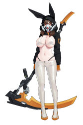 Rule 34 | 1girl, absurdres, animal ears, arms at sides, black panties, breasts, brown eyes, brown hair, closed mouth, cropped hoodie, dongho kang, fake animal ears, full body, highleg, highleg panties, highres, holding, holding scythe, holding weapon, hood, hood up, hoodie, large breasts, long hair, long sleeves, looking at viewer, mask, mouth mask, navel, original, panties, pants, rabbit ears, scythe, shoes, simple background, solo, standing, stomach, underwear, weapon, white background, white pants