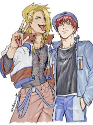 Rule 34 | 2boys, blonde hair, blue eyes, blue jacket, brown eyes, clothes writing, deidara (naruto), earrings, fishnets, hand in pocket, hand mouth, highres, jacket, jewelry, long hair, multiple boys, naruto (series), necklace, open mouth, ponytail, red hair, ring, rkgknno, sasori (naruto), short hair, signature, smile, tongue, tongue out, v, white background