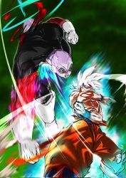 Rule 34 | 2boys, abs, closed mouth, dragon ball, dragon ball super, fighting, grey eyes, highres, jiren, long hair, looking at another, looking to the side, male focus, multiple boys, muscular, no humans, pain, pants, punching, topless male, silver hair, son goku, spiked hair, sweat, ultra instinct, violence