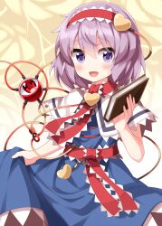 Rule 34 | 1girl, alice margatroid, alice margatroid (cosplay), blue dress, blush, book, capelet, cosplay, dress, eyeball, grimoire of alice, hair between eyes, hair ornament, hairband, heart, heart hair ornament, highres, holding, holding book, komeiji satori, lolita hairband, looking at viewer, open mouth, pink eyes, pink hair, red hairband, ruu (tksymkw), short hair, smile, solo, third eye, touhou, white capelet