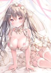 Rule 34 | 1girl, areola slip, arm support, bare arms, blush, breasts, bridal veil, brown eyes, brown hair, cleavage, commentary request, confetti, covered erect nipples, dress, frilled dress, frills, garter straps, hair between eyes, hair ornament, hair ribbon, heart, heart hair ornament, highres, long hair, looking at viewer, medium breasts, original, parted lips, ribbon, see-through, see-through dress, solo, twintails, veil, very long hair, watagashi yui, white background, white dress