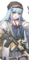 Rule 34 | 1girl, absurdres, arm up, assault rifle, black gloves, black thighhighs, blue hair, blue hoodie, cheogtanbyeong, choker, clukay (neural cloud), collarbone, commentary request, cowboy shot, cross hair ornament, girls&#039; frontline, girls&#039; frontline neural cloud, gloves, green eyes, grey skirt, gun, h&amp;k hk416, hair ornament, highres, hk416 (girls&#039; frontline), holding, holding gun, holding weapon, hood, hoodie, jacket, korean commentary, light blush, long hair, looking at viewer, open mouth, pink choker, pleated skirt, rifle, sidelocks, simple background, skirt, solo, suppressor, teardrop facial mark, thighhighs, trigger discipline, weapon, white background, white jacket, zettai ryouiki