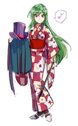 Rule 34 | 1girl, bad id, bad twitter id, checkered clothes, checkered kimono, closed mouth, eyebrows, floral print, full body, green hair, hair between eyes, hat, highres, holding, japanese clothes, karaori, kazami yuuka, kazami yuuka (pc-98), kimono, long hair, long sleeves, looking at viewer, musical note, obi, print kimono, purple hat, quaver, red eyes, sash, shoes, simple background, smile, solo, speech bubble, spoken musical note, standing, top hat, touhou, very long hair, white background, yukata