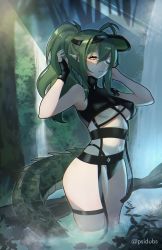 Rule 34 | 1girl, absurdres, antenna hair, arknights, artist name, bare arms, bare shoulders, black gloves, breasts, commentary request, cowboy shot, crocodilian tail, fingerless gloves, gavial (arknights), gloves, green hair, highres, long hair, medium breasts, navel, official alternate costume, parted lips, pointy ears, ponytail, psidubs, single glove, solo, standing, stomach, tail, thigh strap, thighs, twitter username, underboob, visor cap, wading, yellow eyes