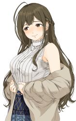 Rule 34 | 1girl, ahoge, armpit crease, blush, braid, breasts, brown eyes, brown hair, collar, earrings, frilled collar, frills, gatsby ssl, hair over shoulder, highres, idolmaster, idolmaster shiny colors, jewelry, kuwayama chiyuki, large breasts, long hair, looking to the side, medium bangs, off shoulder, shirt, simple background, skirt, sleeveless, solo, stain, stained clothes, sweat, sweat stain, sweaty clothes, tareme, white background, white shirt