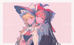Rule 34 | 2girls, absurdres, black headwear, blonde hair, blush, bow, brown eyes, brown hair, character name, closed mouth, detached sleeves, grey background, hair bow, hair tubes, hakurei reimu, hat, highres, jira, kirisame marisa, long hair, looking at viewer, multiple girls, pink background, red bow, smile, touhou, two-tone background, upper body, v, wide sleeves, witch hat, yellow eyes