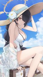 Rule 34 | 1girl, absurdres, beach, black hair, blue archive, blue sky, blush, braid, braided ponytail, breasts, cleavage, clothing cutout, cloud, commentary request, criss-cross halter, cross, cross earrings, day, earrings, feet out of frame, flower, gmi (jimmyovob), hair flower, hair ornament, hair over one eye, halo, halterneck, hat, highres, hinata (blue archive), hinata (swimsuit) (blue archive), jewelry, large breasts, legs, long hair, looking at viewer, looking back, ocean, official alternate costume, one-piece swimsuit, one eye covered, outdoors, red eyes, side cutout, sitting, sky, solo, sun hat, swimsuit, very long hair, white flower, white one-piece swimsuit, white swimcap, yellow halo, yellow hat