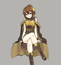 Rule 34 | 1girl, armor, asutarou, bare shoulders, boots, breastplate, brown eyes, brown hair, cape, delthea (fire emblem), fang, fire emblem, fire emblem echoes: shadows of valentia, grey background, crossed legs, long hair, nintendo, open mouth, simple background, sitting, solo, thighs