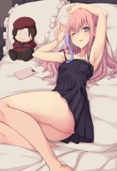 Rule 34 | 1girl, act (xadachit), armpits, arms up, bare legs, bare shoulders, black camisole, camisole, cellphone, collarbone, girls&#039; frontline, hair between eyes, highres, long hair, looking at viewer, lying, multicolored hair, one eye closed, parted lips, phone, pillow, pink hair, purple eyes, solo, spaghetti strap, st ar-15 (girls&#039; frontline), streaked hair
