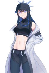Rule 34 | 1girl, absurdres, bare shoulders, baseball cap, belt, black hat, black pants, black shirt, blue archive, blue eyes, blue hair, breasts, buckle, chest harness, coat, commentary request, cowboy shot, crop top, groin, halo, hands in pockets, harness, hat, highres, jacket, long hair, long sleeves, looking at viewer, medium breasts, midriff, minami kariyasu, navel, no mask, off shoulder, open clothes, open coat, pants, partial commentary, saori (blue archive), shirt, sidelocks, simple background, sleeveless, sleeveless shirt, snap-fit buckle, solo, standing, underbust, white background, white coat